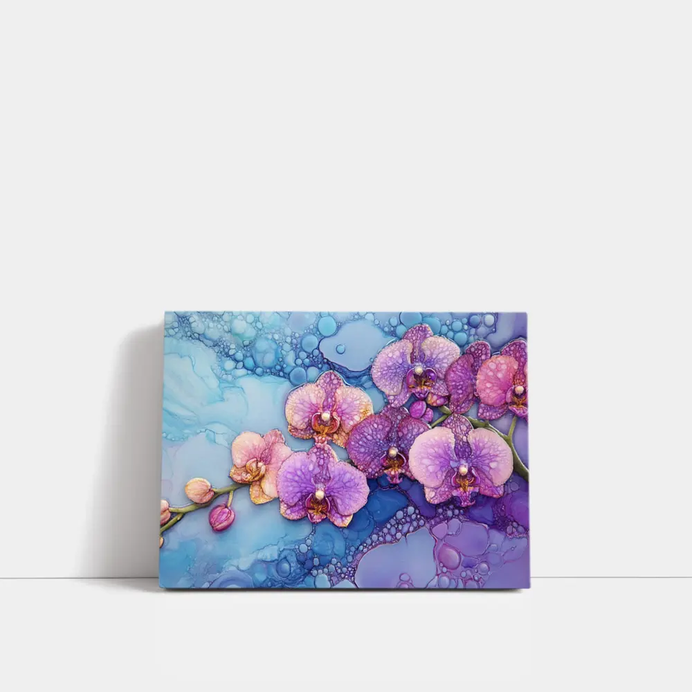 Purple Pink Orchids Alcohol Ink Blue Background – Wall Art