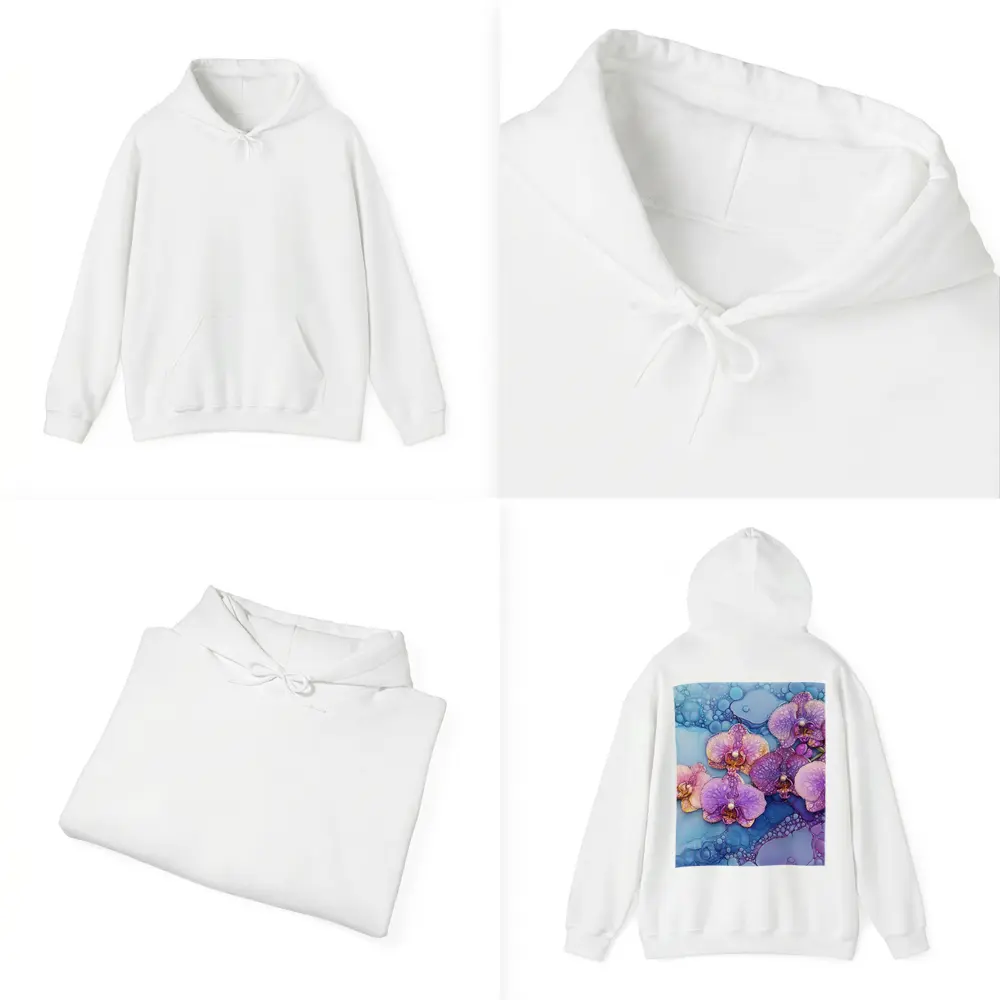 Purple Pink Orchids Alcohol Ink Blue Background – Hoodies