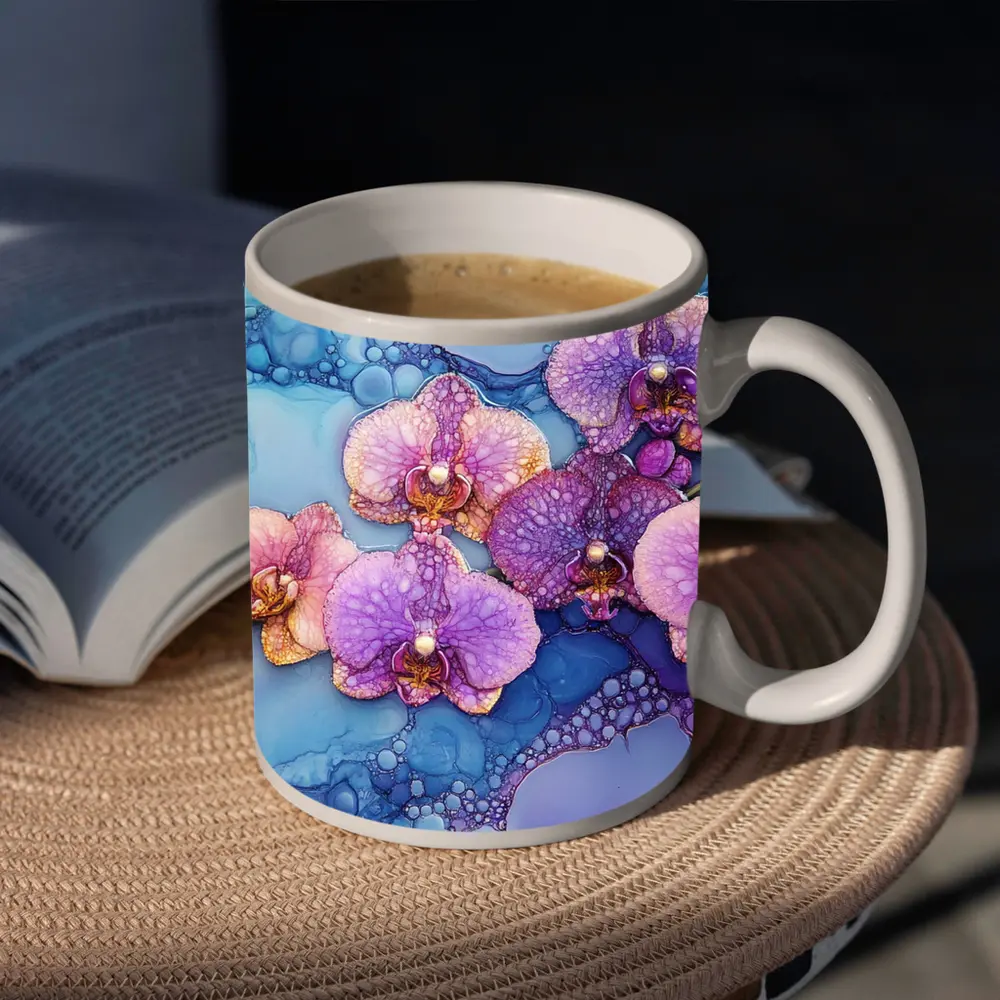 Purple Pink Orchids Alcohol Ink Blue Background – Mugs