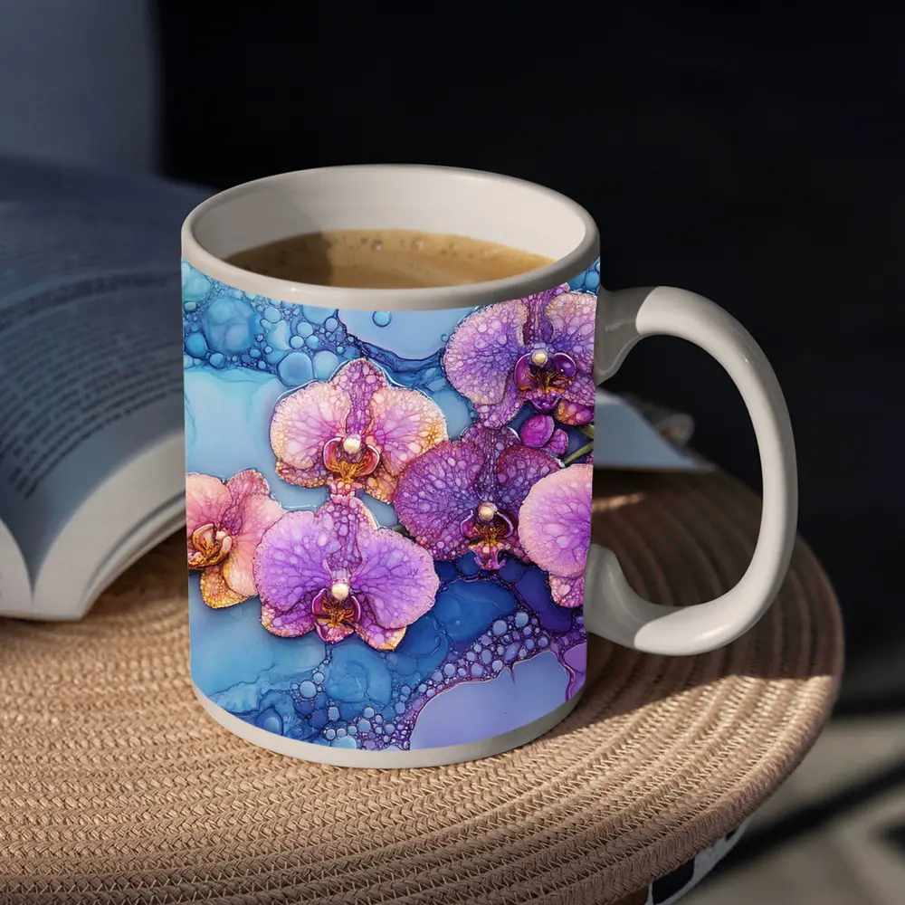 Purple Pink Orchids Alcohol Ink Blue Background – Mugs