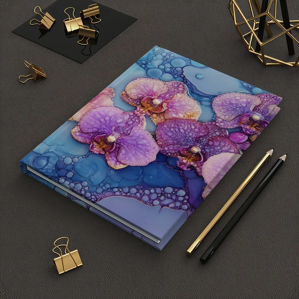 Purple Pink Orchids Alcohol Ink Blue Background – Notebooks