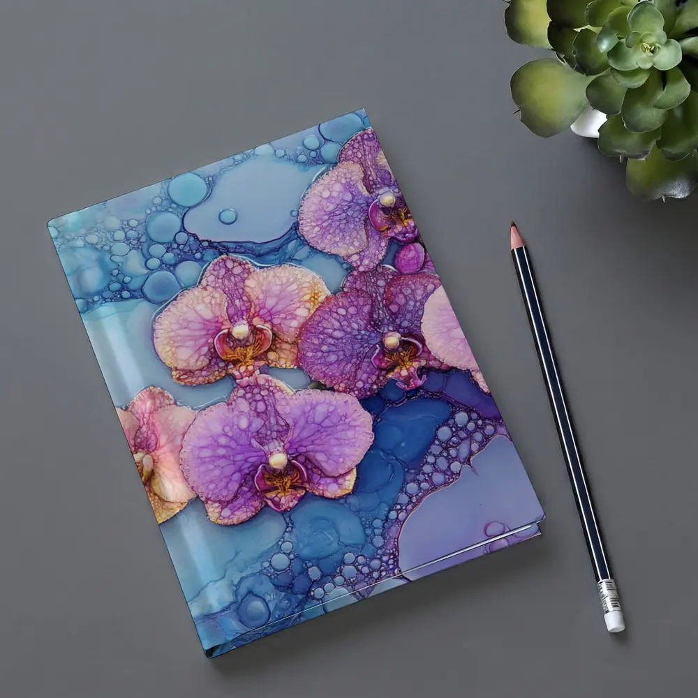 Purple Pink Orchids Alcohol Ink Blue Background – Notebooks