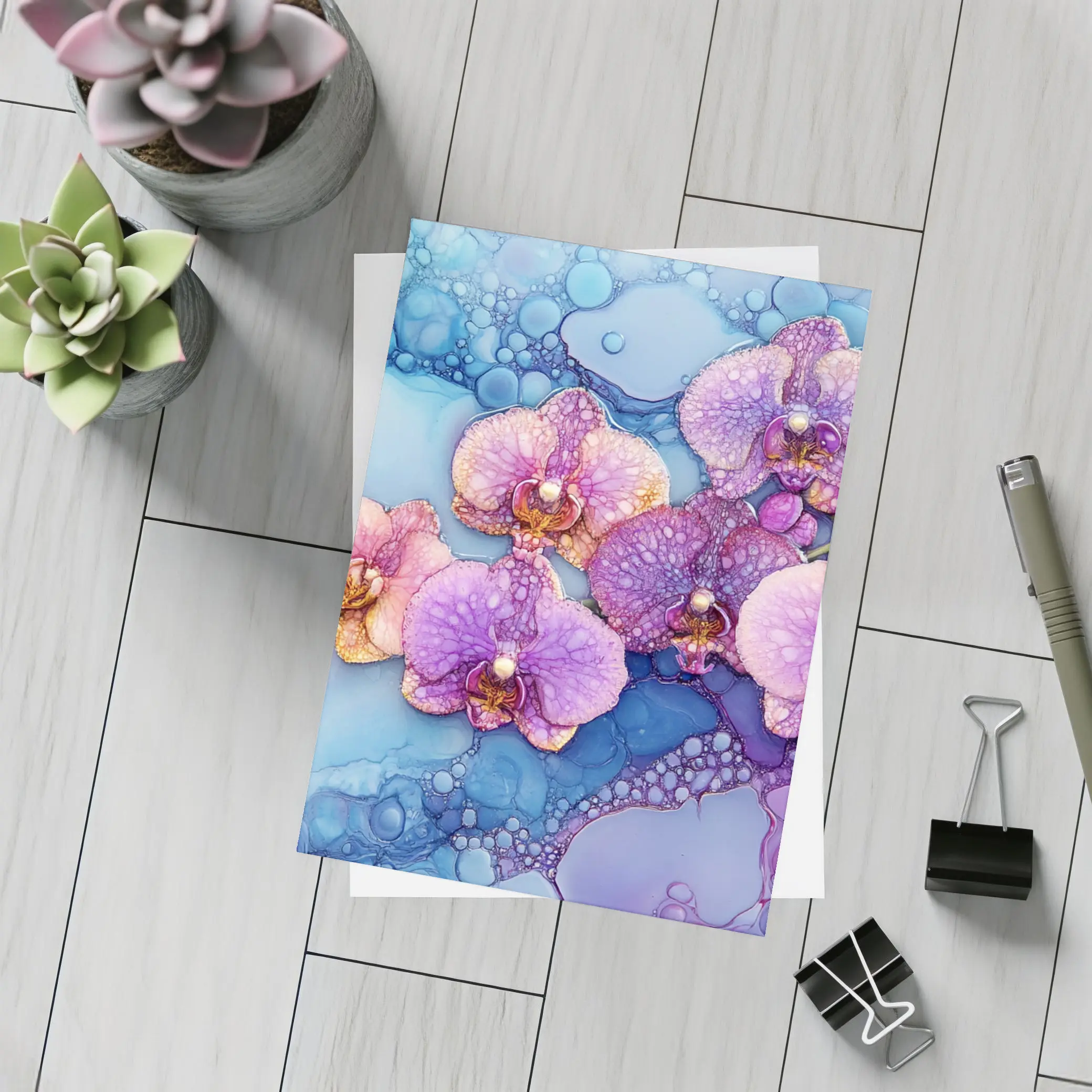 Purple Pink Orchids Alcohol Ink Blue Background – Postcards