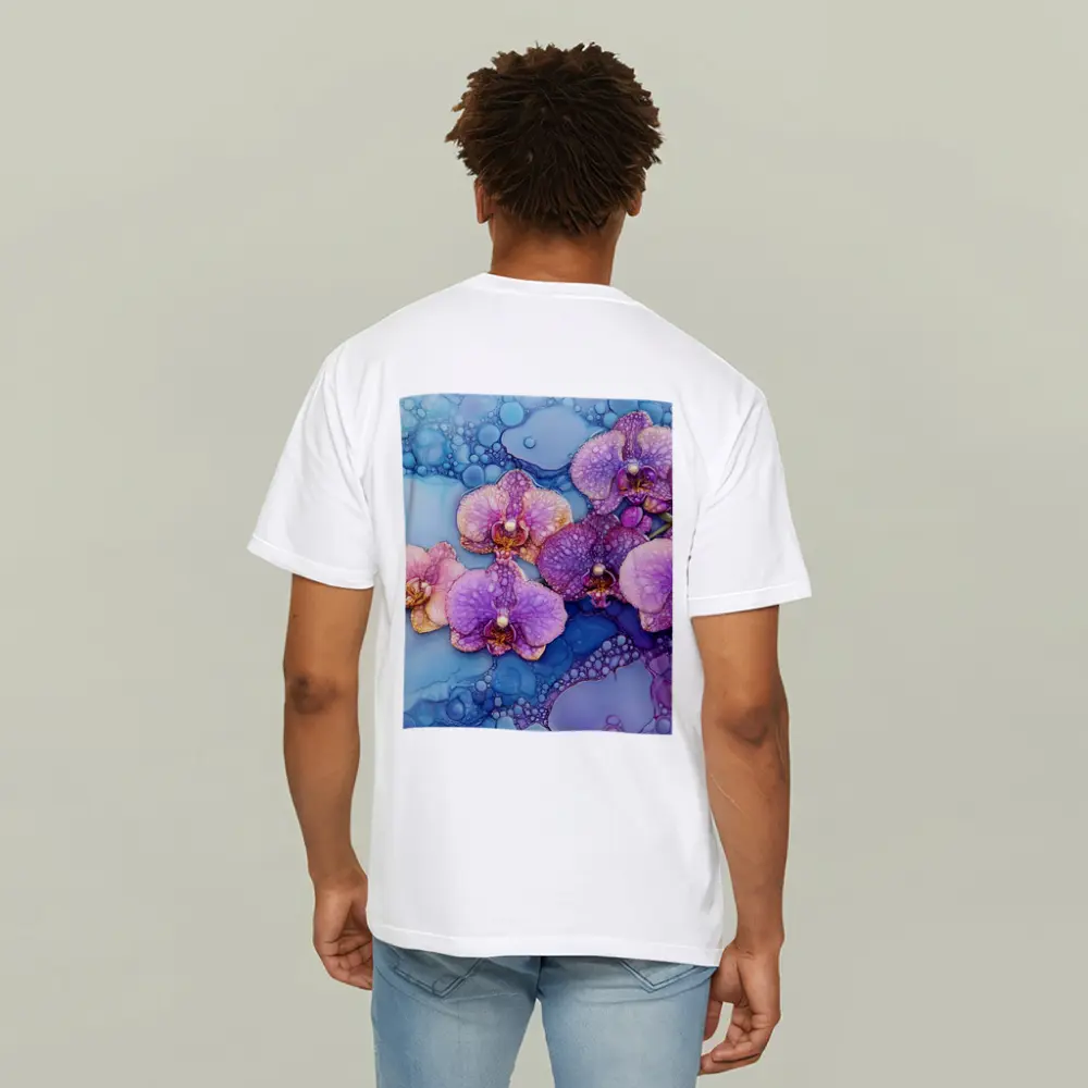 Purple Pink Orchids Alcohol Ink Blue Background – T-Shirts