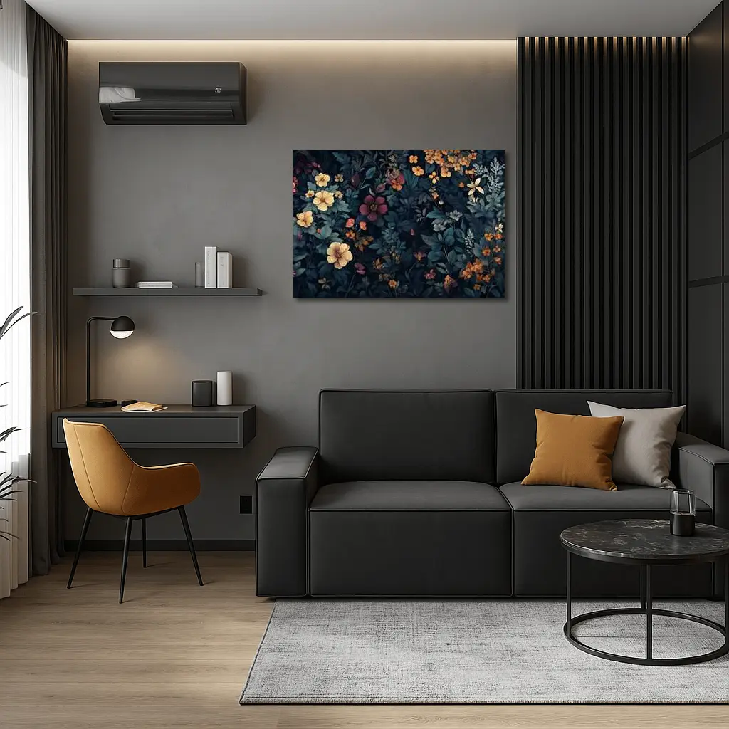Dark Moody Wildflowers On Deep Navy Background – Wall Art