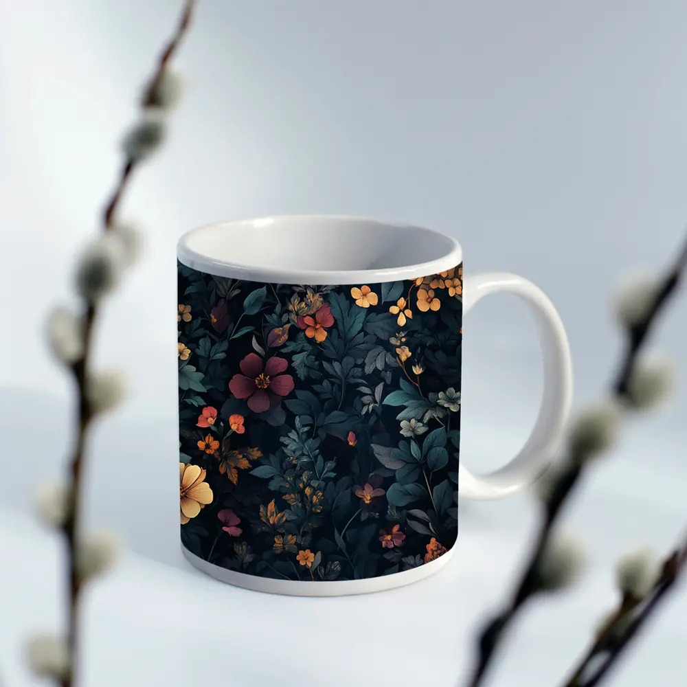 Dark Moody Wildflowers On Deep Navy Background – Mugs