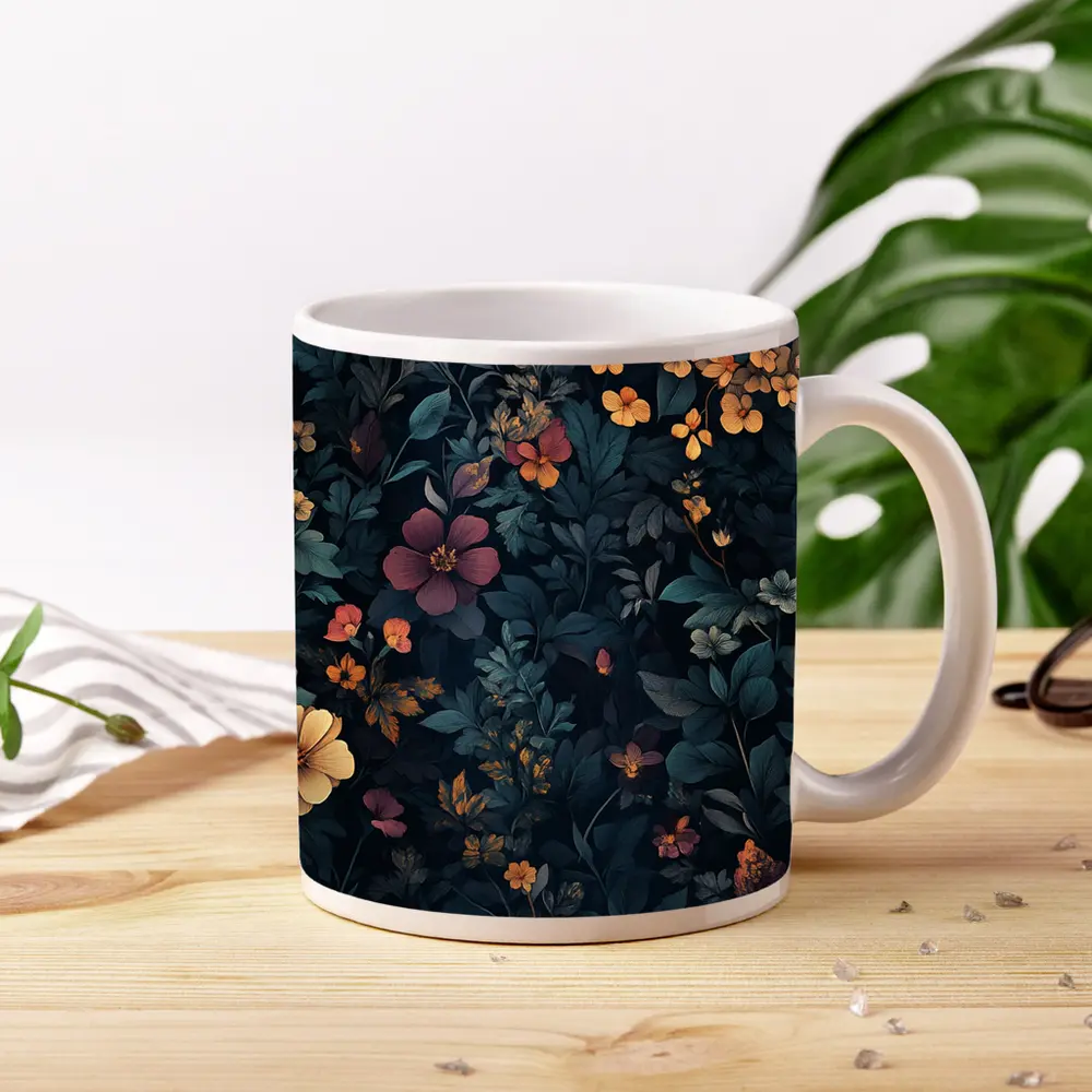 Dark Moody Wildflowers On Deep Navy Background – Mugs