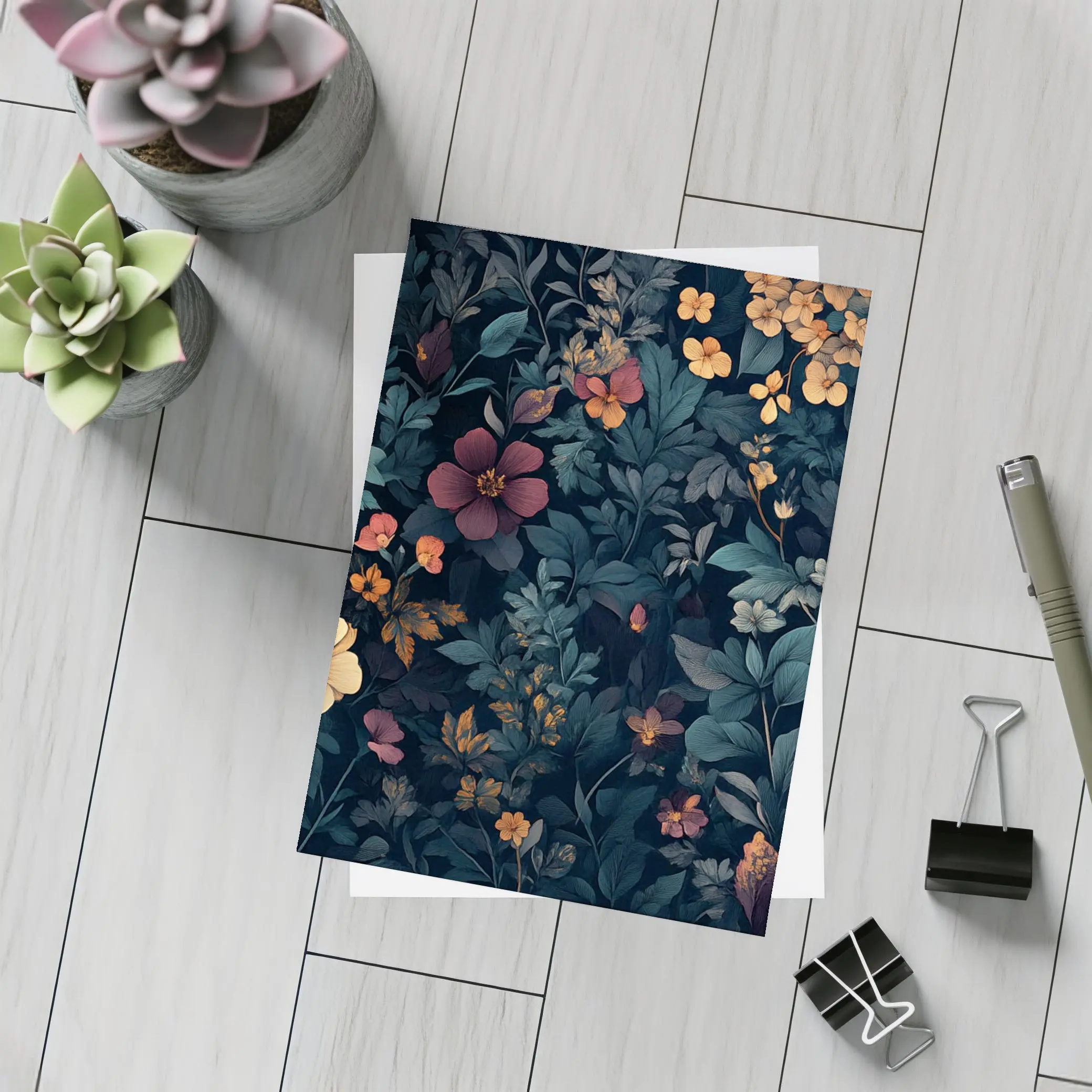 Dark Moody Wildflowers On Deep Navy Background – Postcards