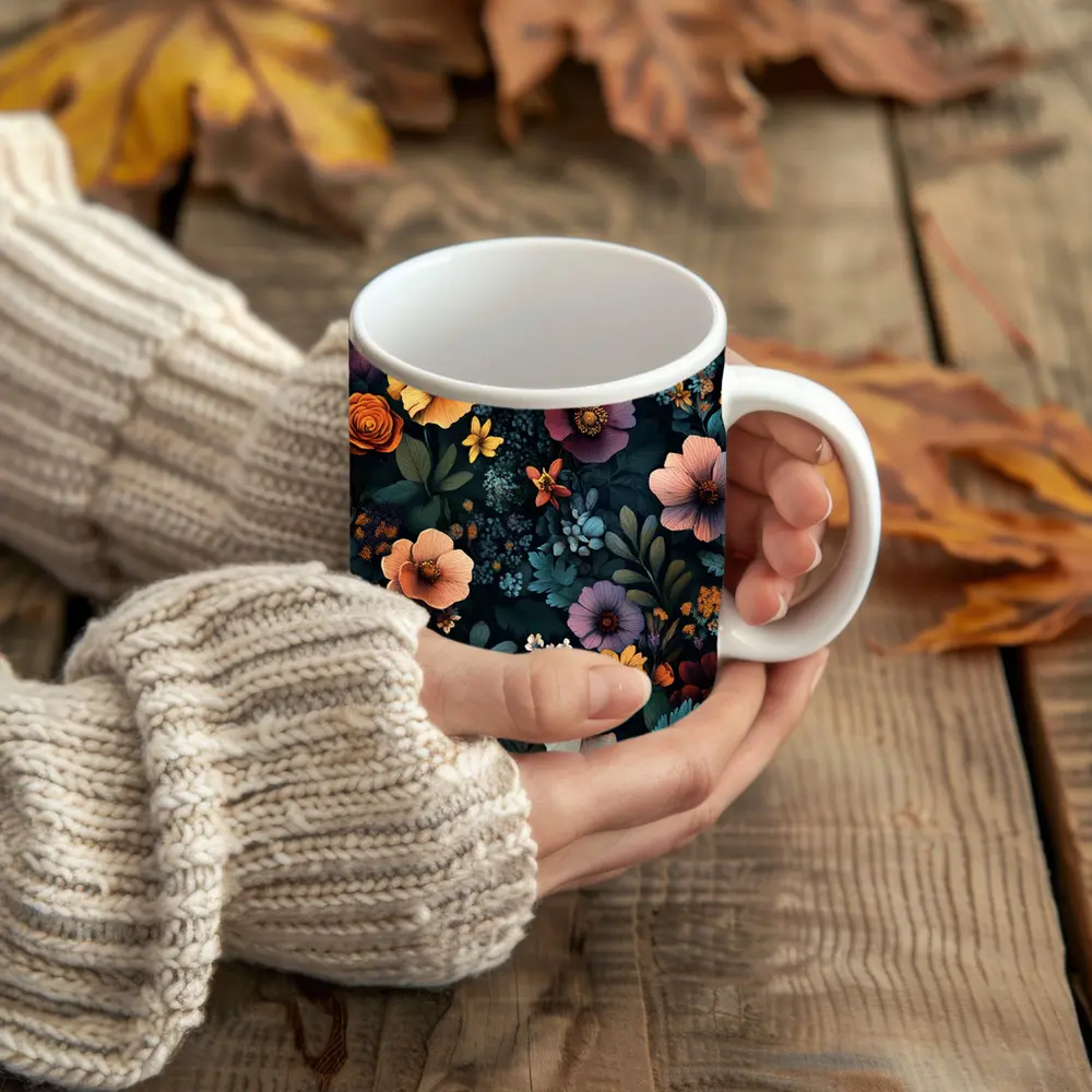 Dark Floral Pattern Mixed Wildflowers Botanical – Mugs