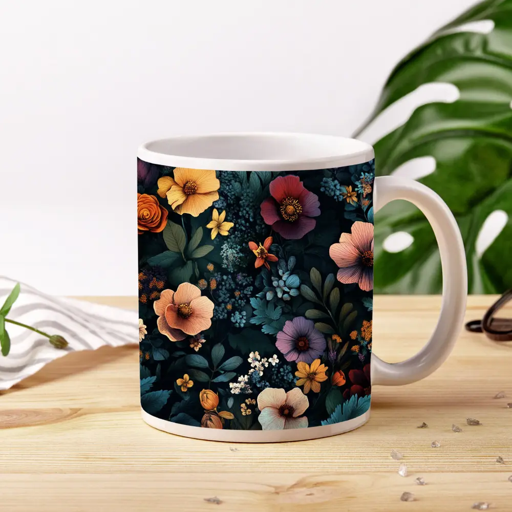 Dark Floral Pattern Mixed Wildflowers Botanical – Mugs