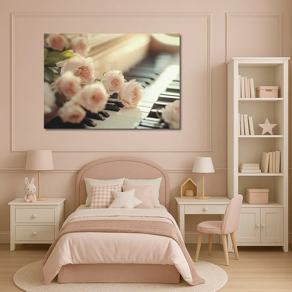 Pink Roses Resting On Piano Keys – Wall Art