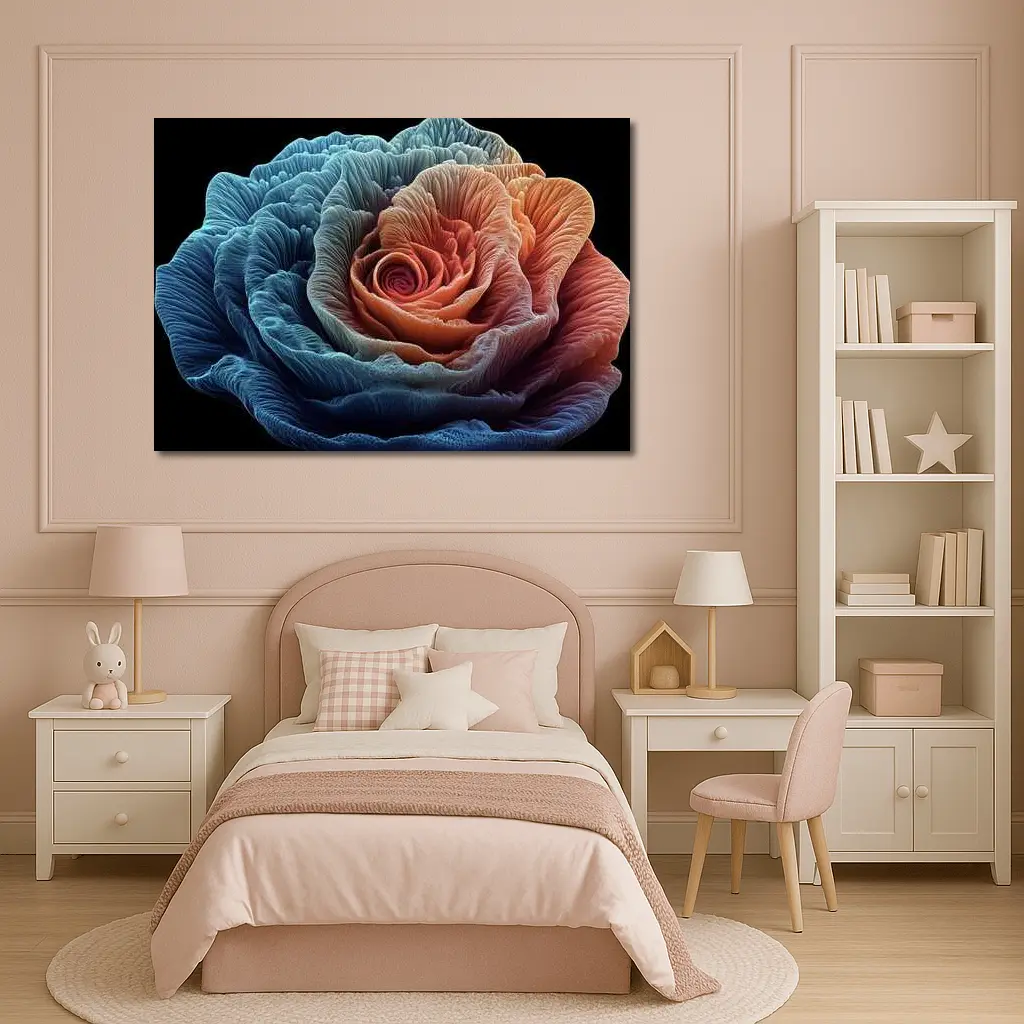 Rose Macro Fractal Blue Coral Black Background – Wall Art