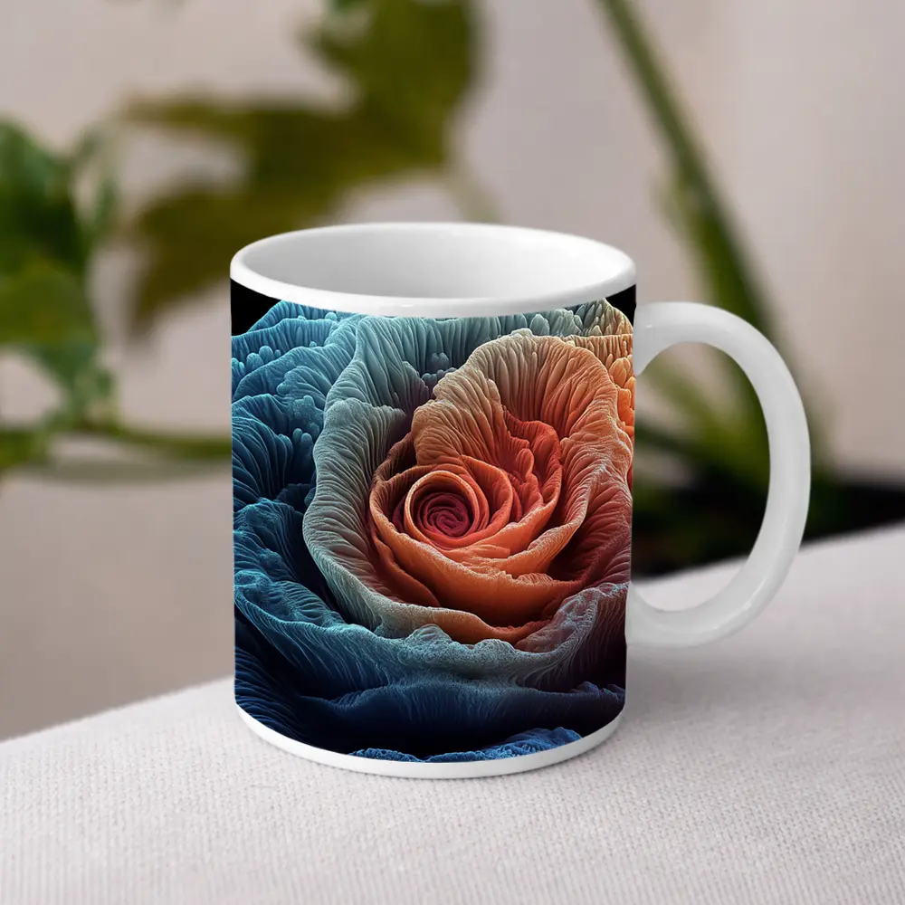 Rose Macro Fractal Blue Coral Black Background – Mugs