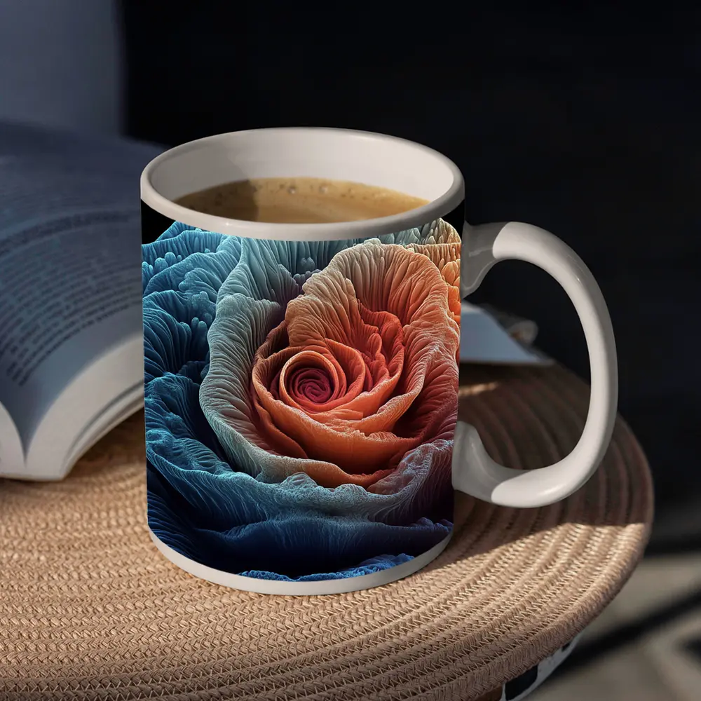 Rose Macro Fractal Blue Coral Black Background – Mugs