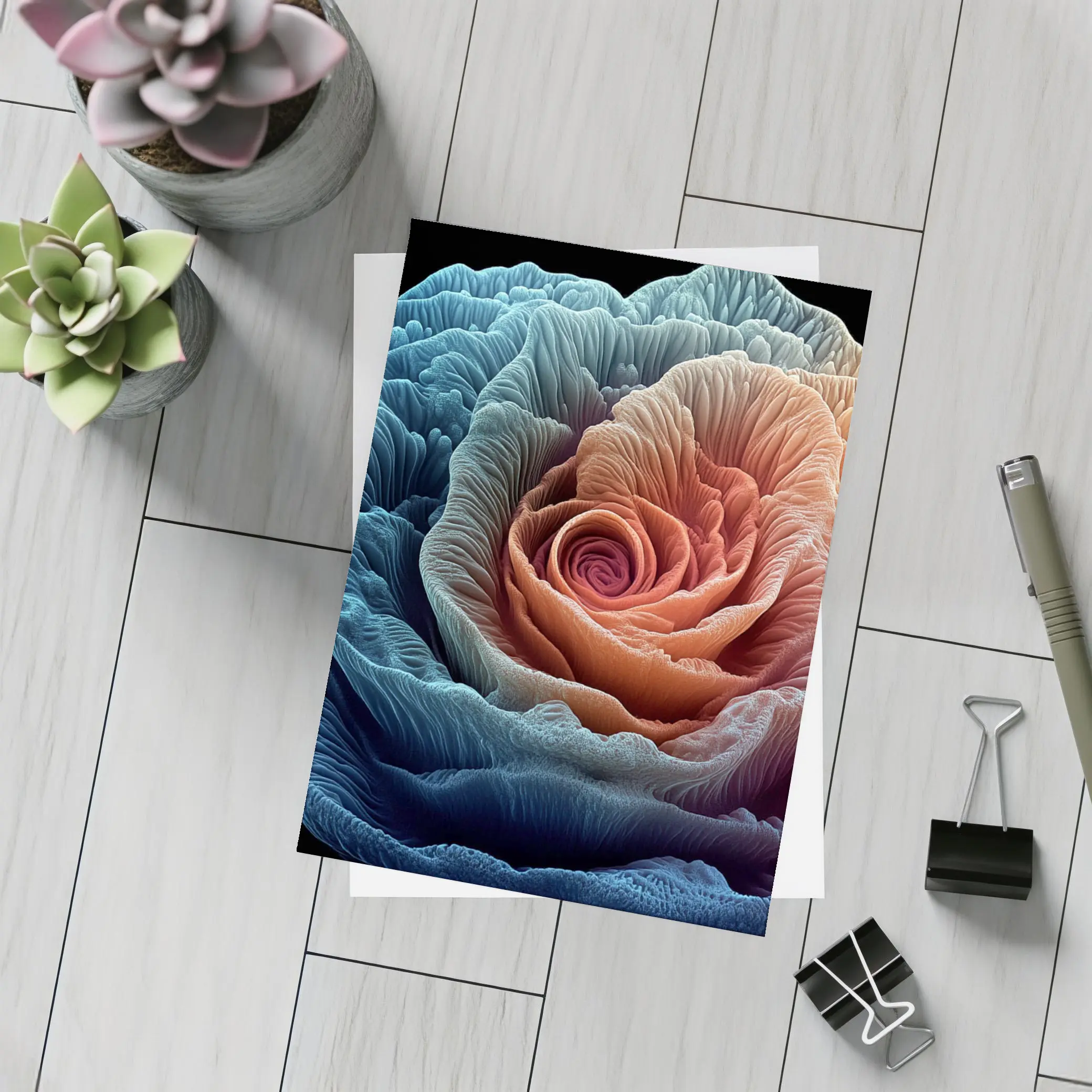 Rose Macro Fractal Blue Coral Black Background – Postcards