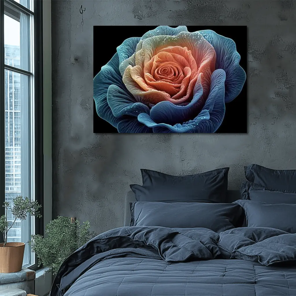 Blue Pink Rose Macro Art Black Background – Wall Art