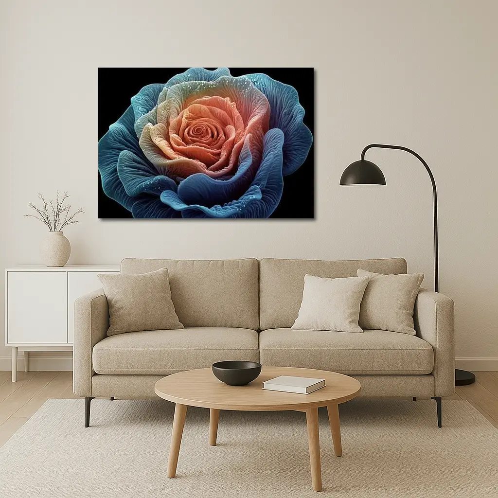 Blue Pink Rose Macro Art Black Background – Wall Art