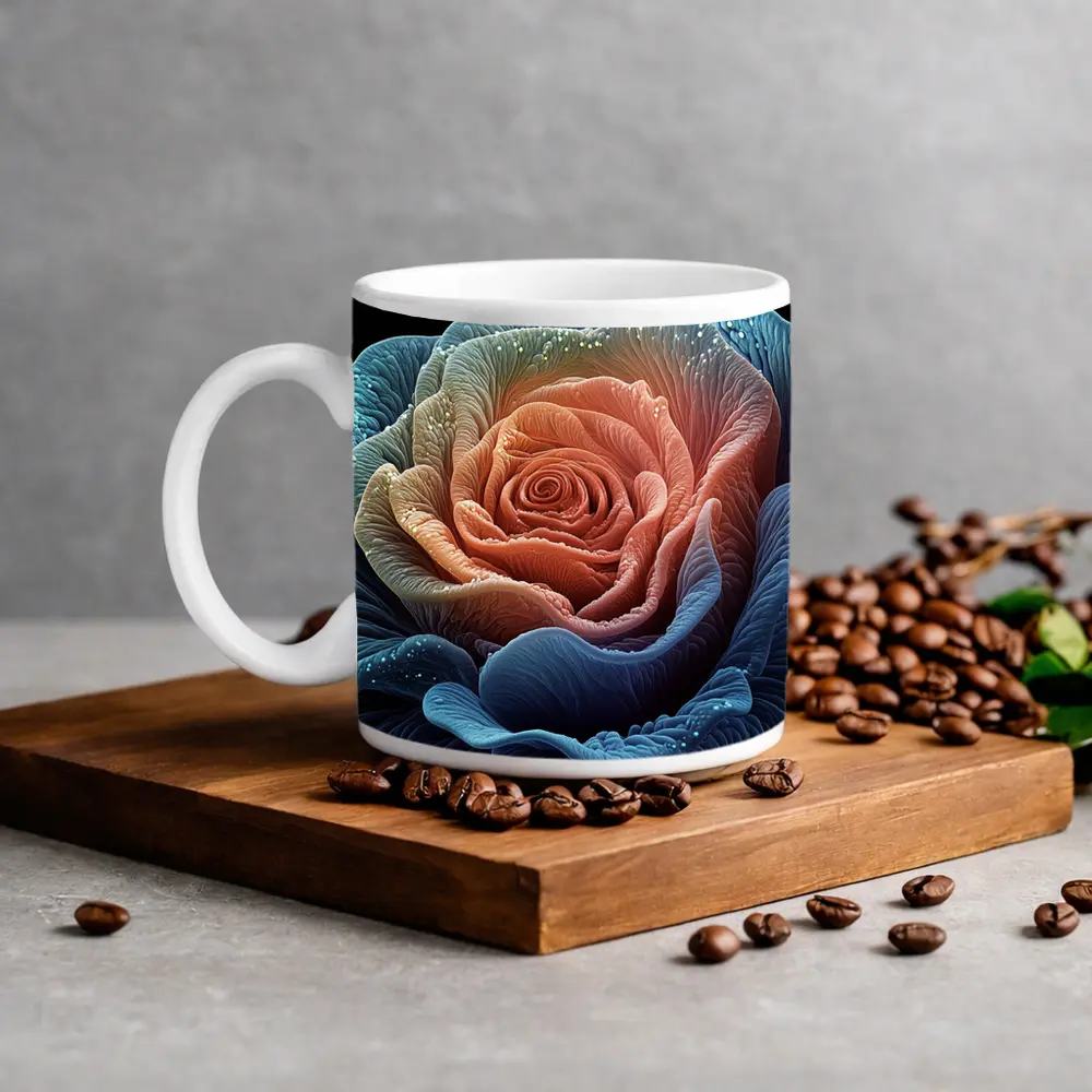 Blue Pink Rose Macro Art Black Background – Mugs