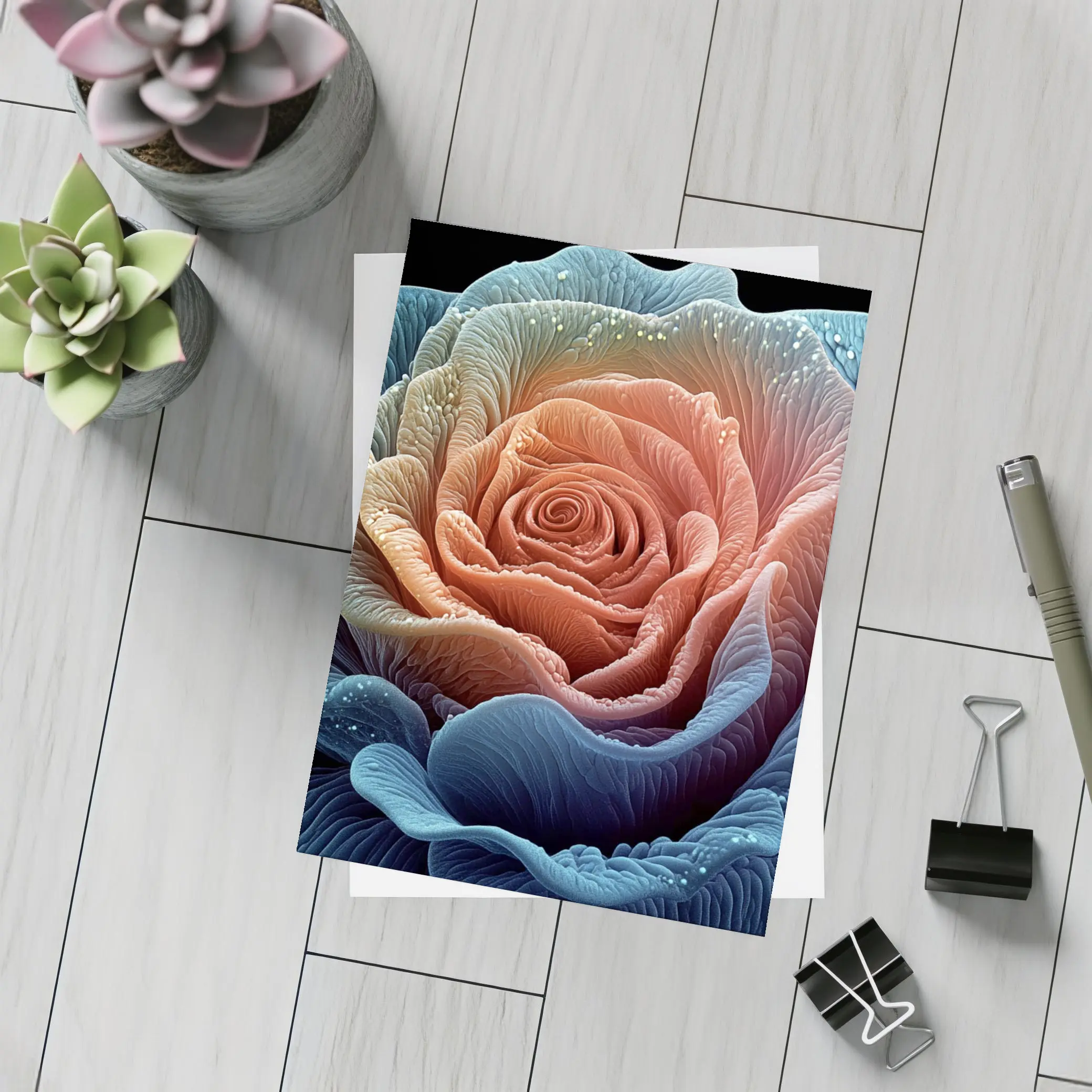Blue Pink Rose Macro Art Black Background – Postcards