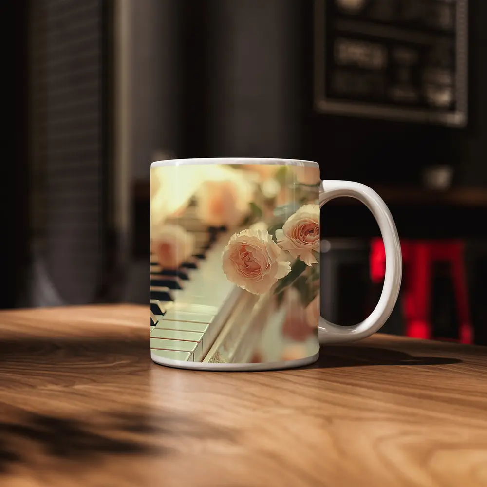 Pink Roses Resting On White Piano Keys – Mugs