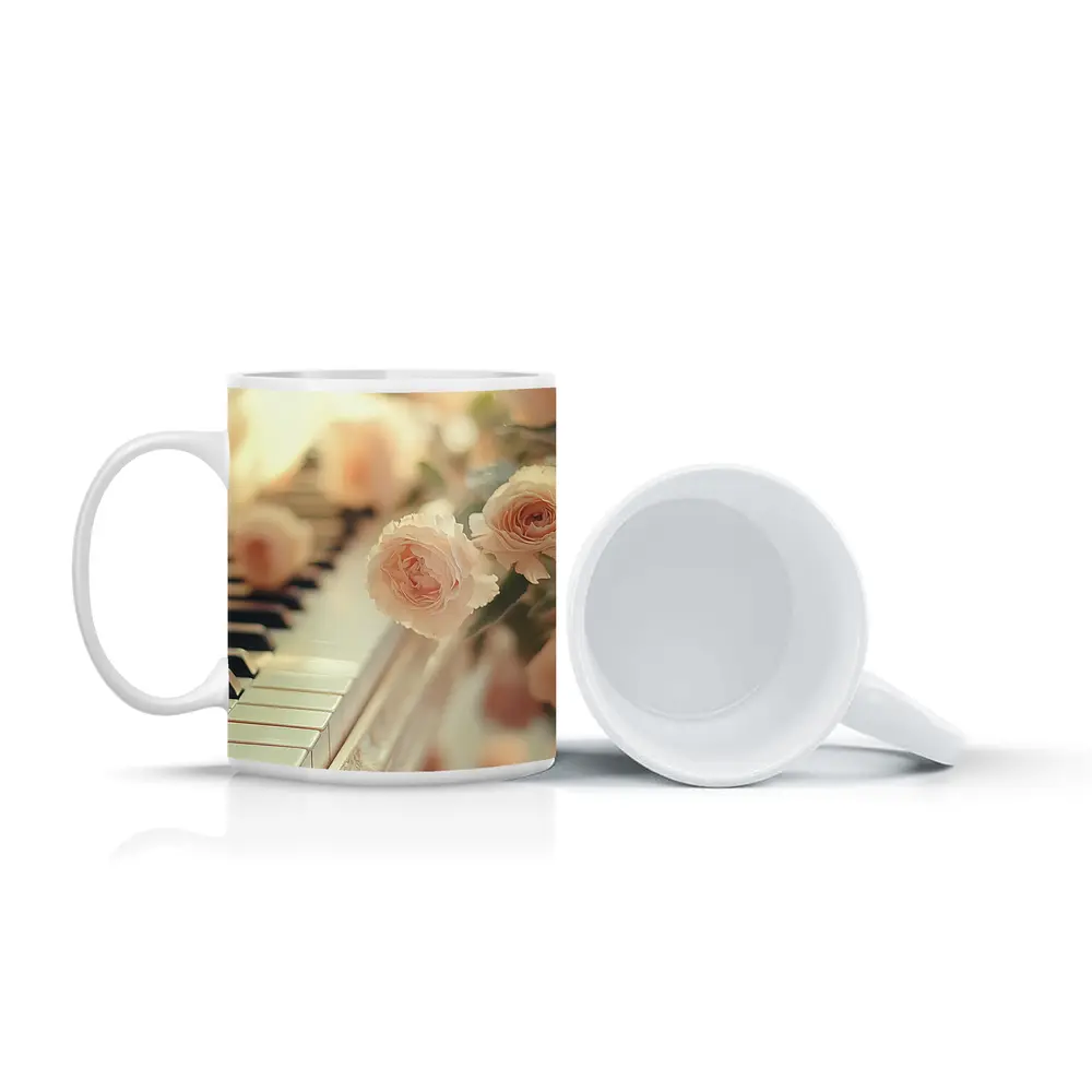 Pink Roses Resting On White Piano Keys – Mugs