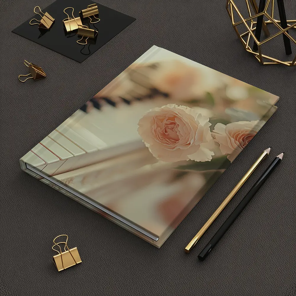 Pink Roses Resting On White Piano Keys – Notebooks