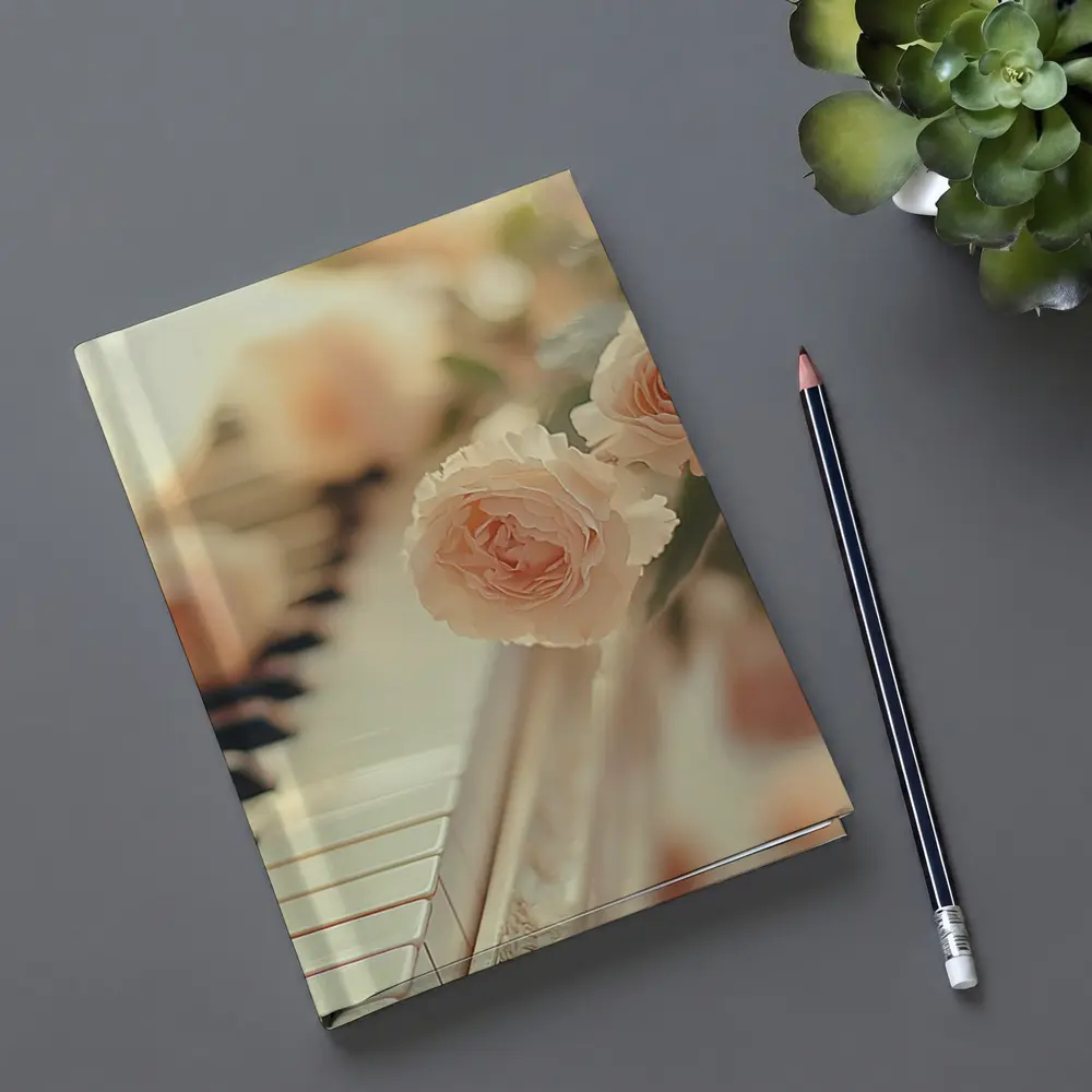 Pink Roses Resting On White Piano Keys – Notebooks