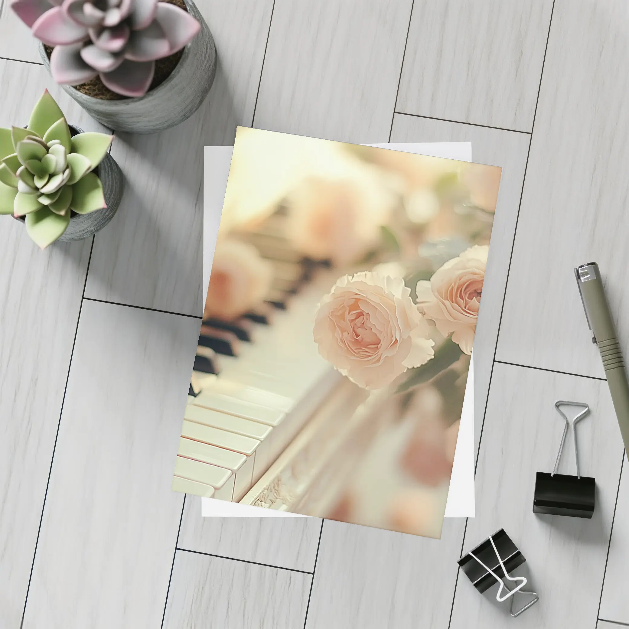 Pink Roses Resting On White Piano Keys – Postcards