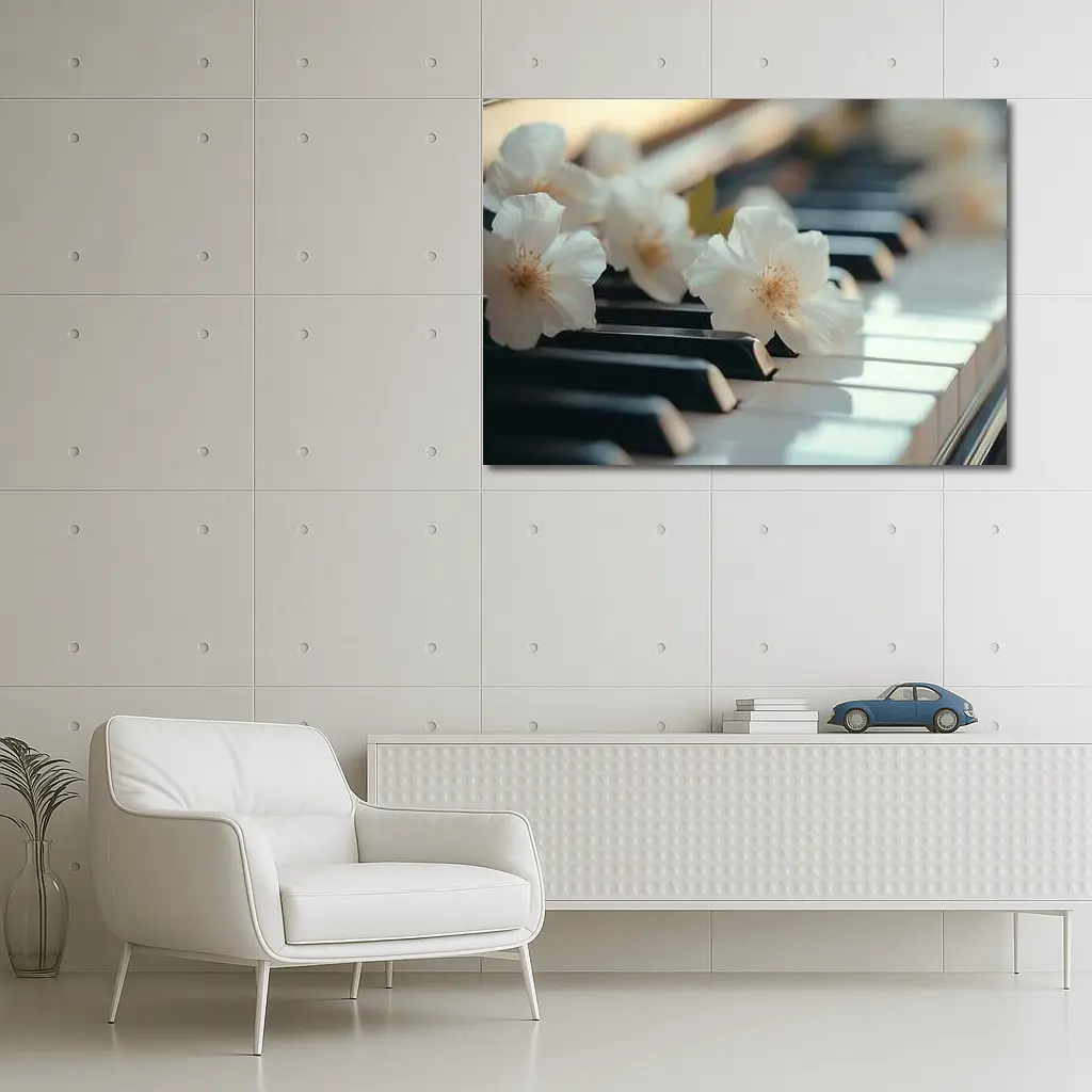 White Flowers Resting On Piano Keys – Wall Art