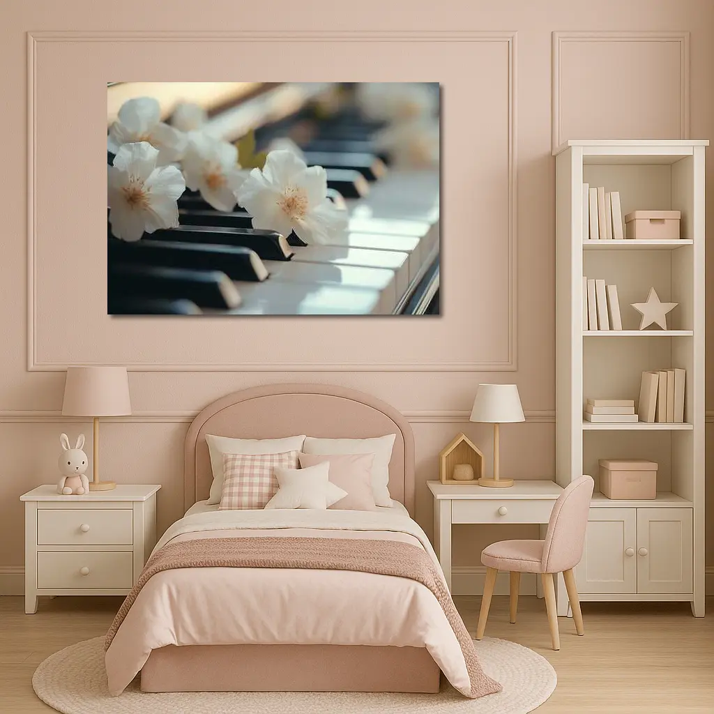 White Flowers Resting On Piano Keys – Wall Art
