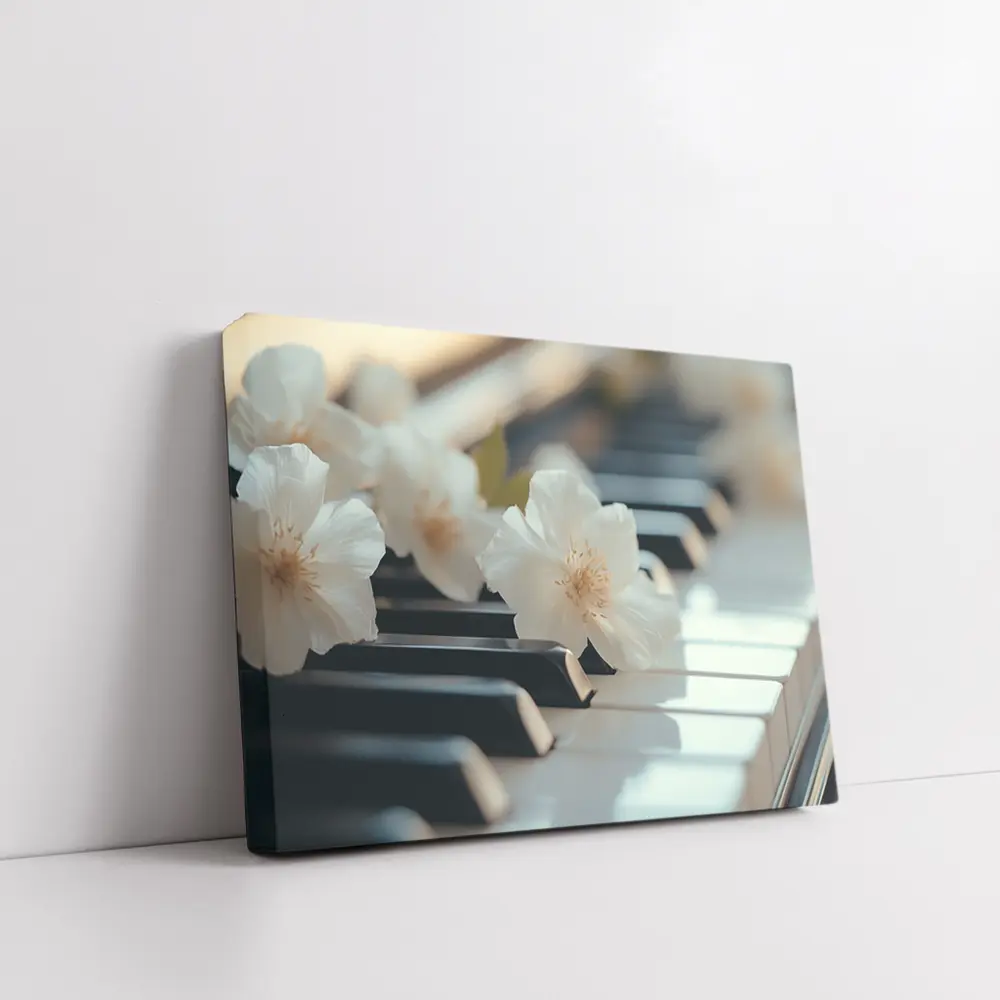 White Flowers Resting On Piano Keys – Wall Art