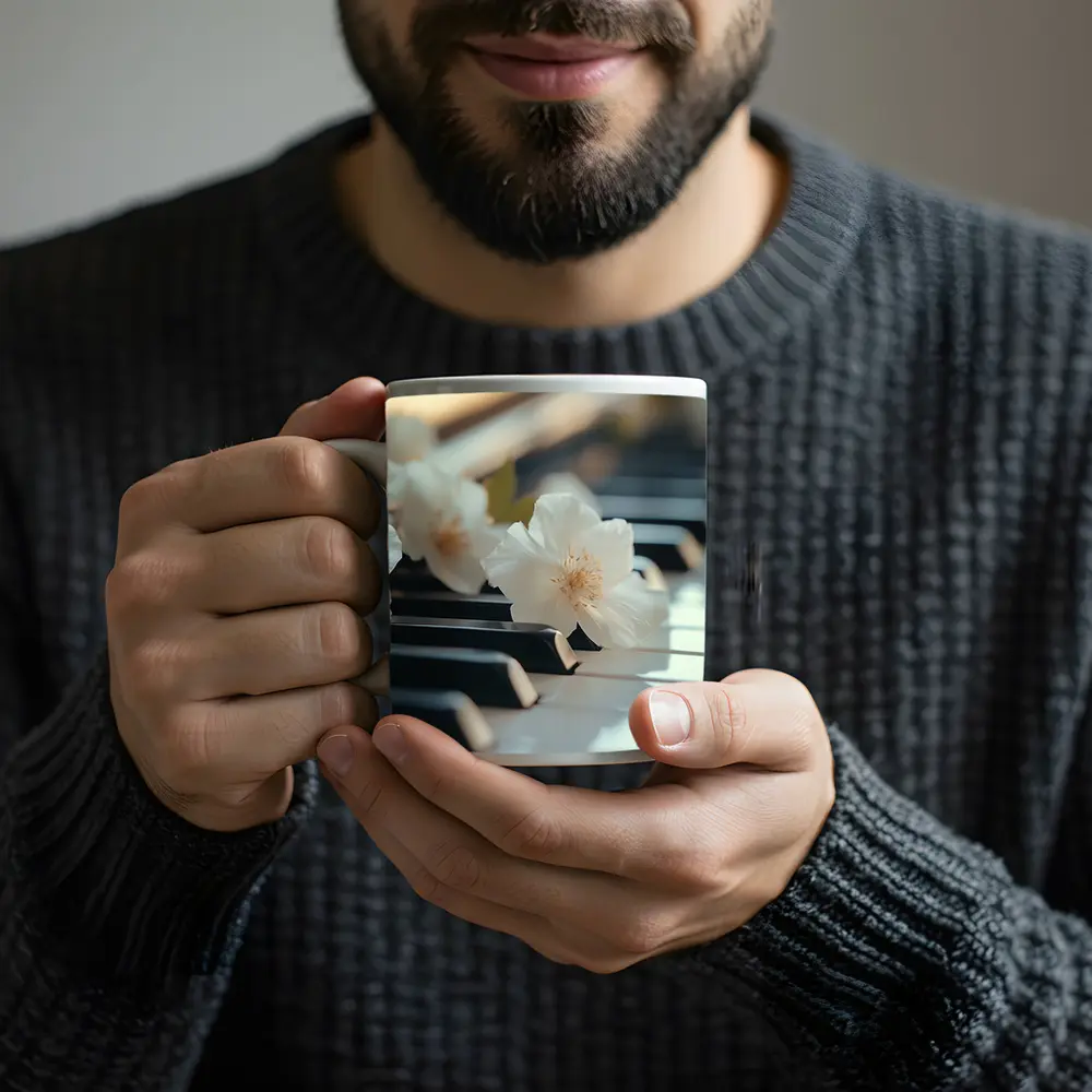 White Flowers Resting On Piano Keys – Mugs