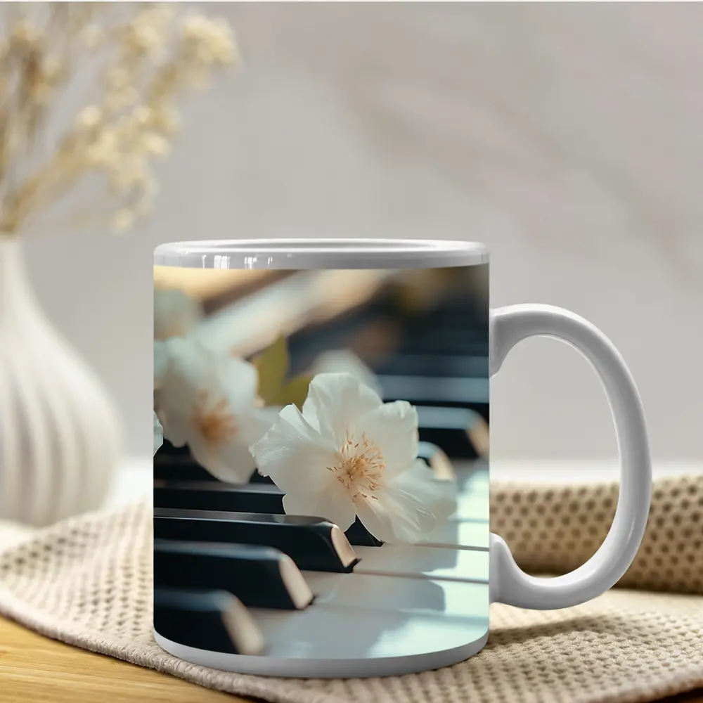 White Flowers Resting On Piano Keys – Mugs