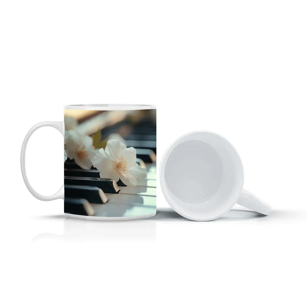 White Flowers Resting On Piano Keys – Mugs