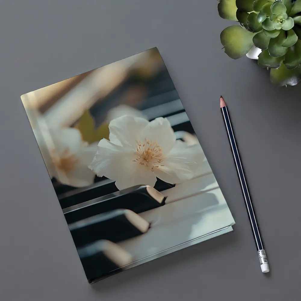 White Flowers Resting On Piano Keys – Notebooks