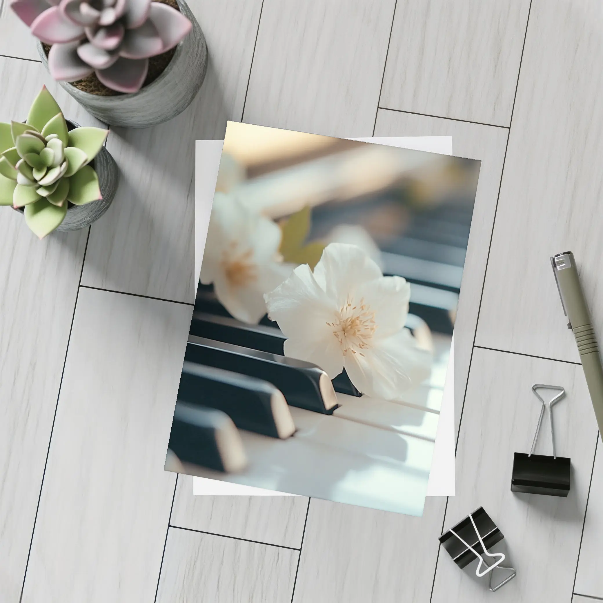 White Flowers Resting On Piano Keys – Postcards