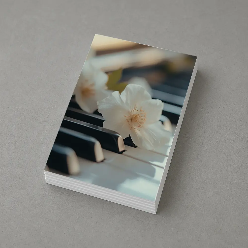 White Flowers Resting On Piano Keys – Postcards