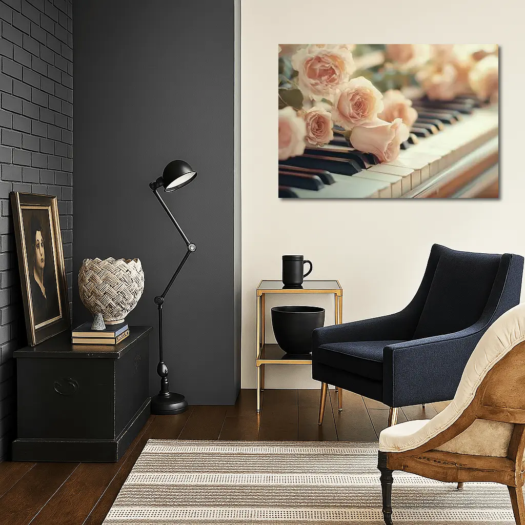 Pink Roses Resting On Piano Keys – Wall Art