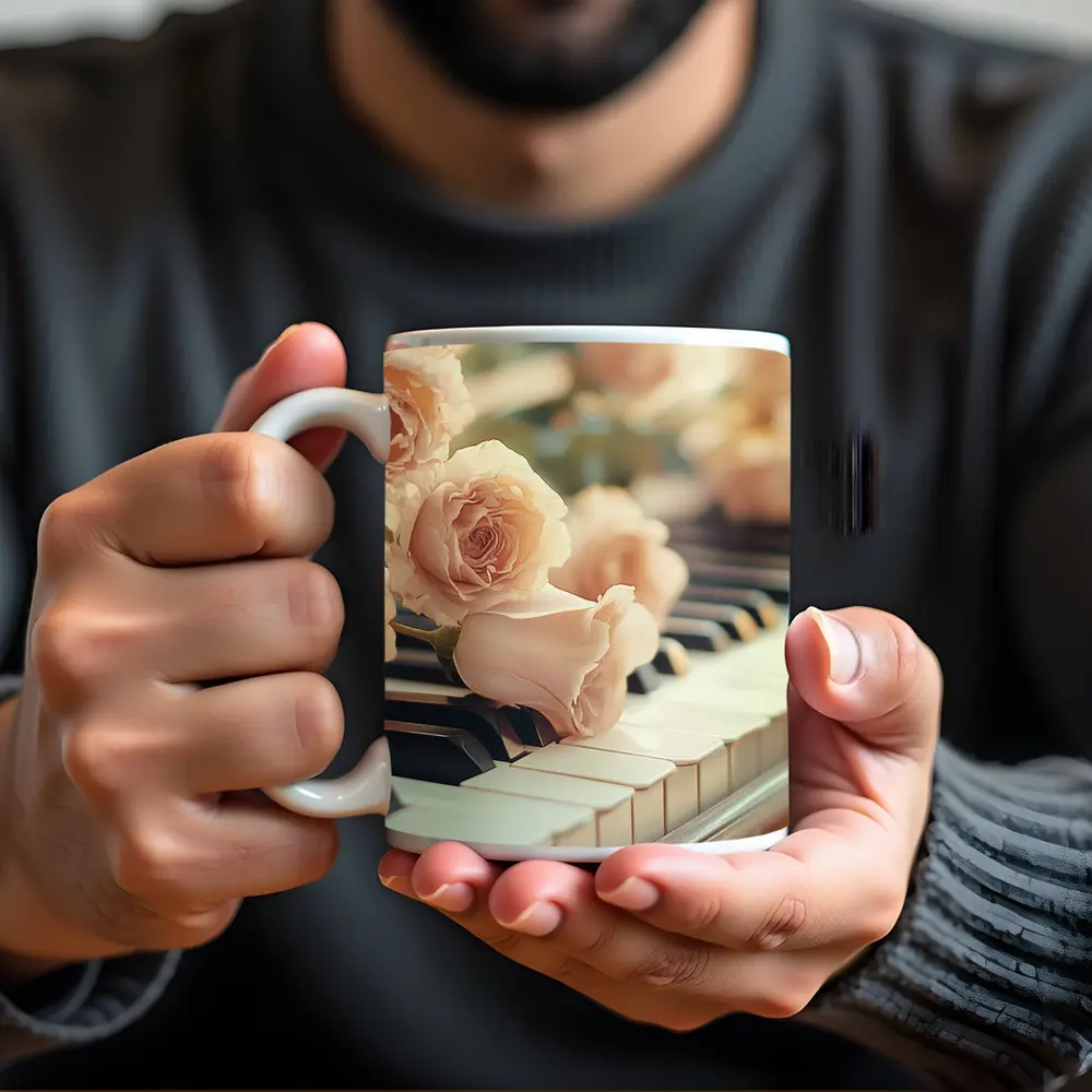 Pink Roses Resting On Piano Keys – Mugs