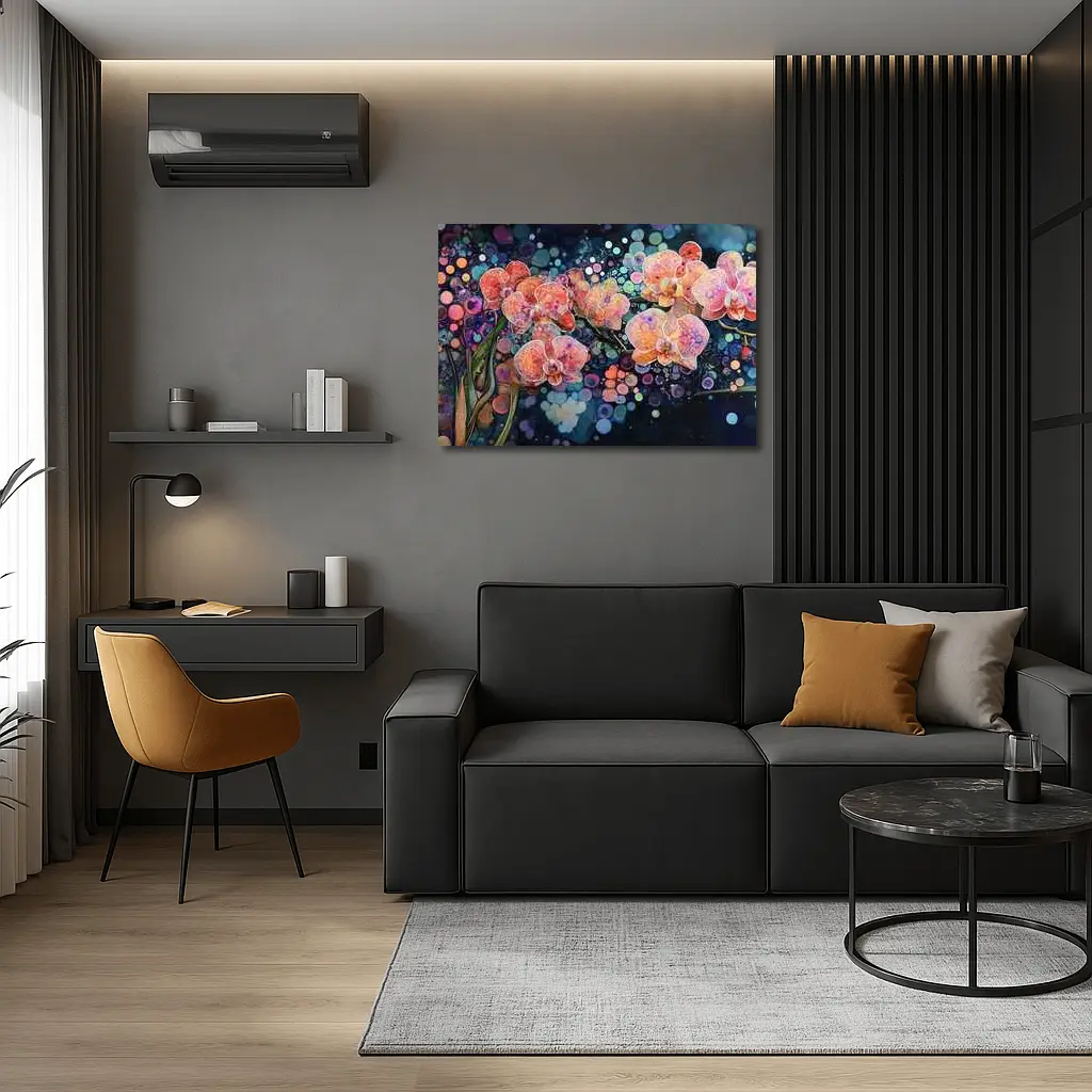 Pink Orchids Watercolor Bokeh Dark Background – Wall Art