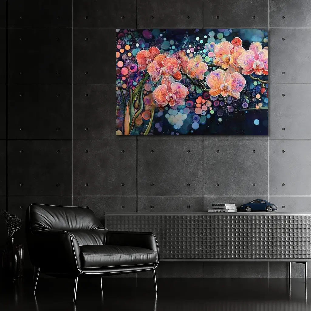 Pink Orchids Watercolor Bokeh Dark Background – Wall Art