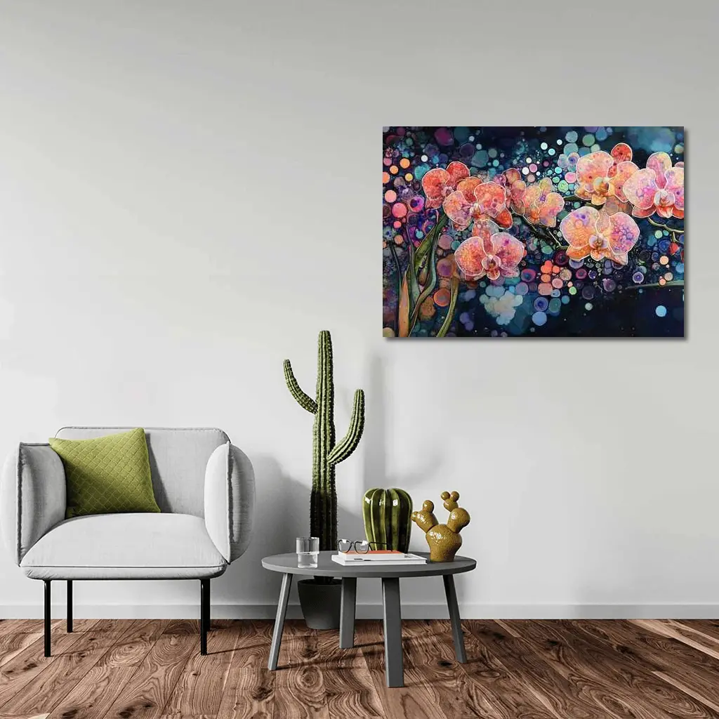 Pink Orchids Watercolor Bokeh Dark Background – Wall Art