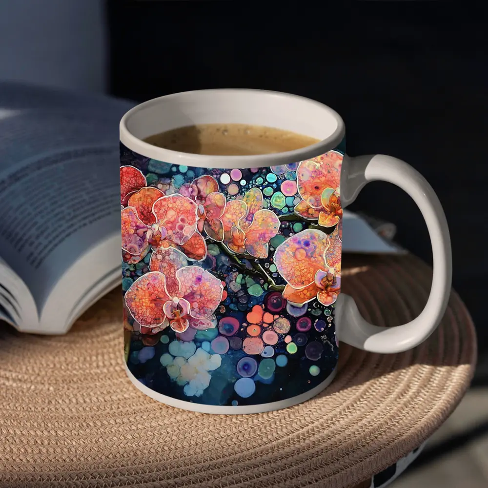 Pink Orchids Watercolor Bokeh Dark Background – Mugs