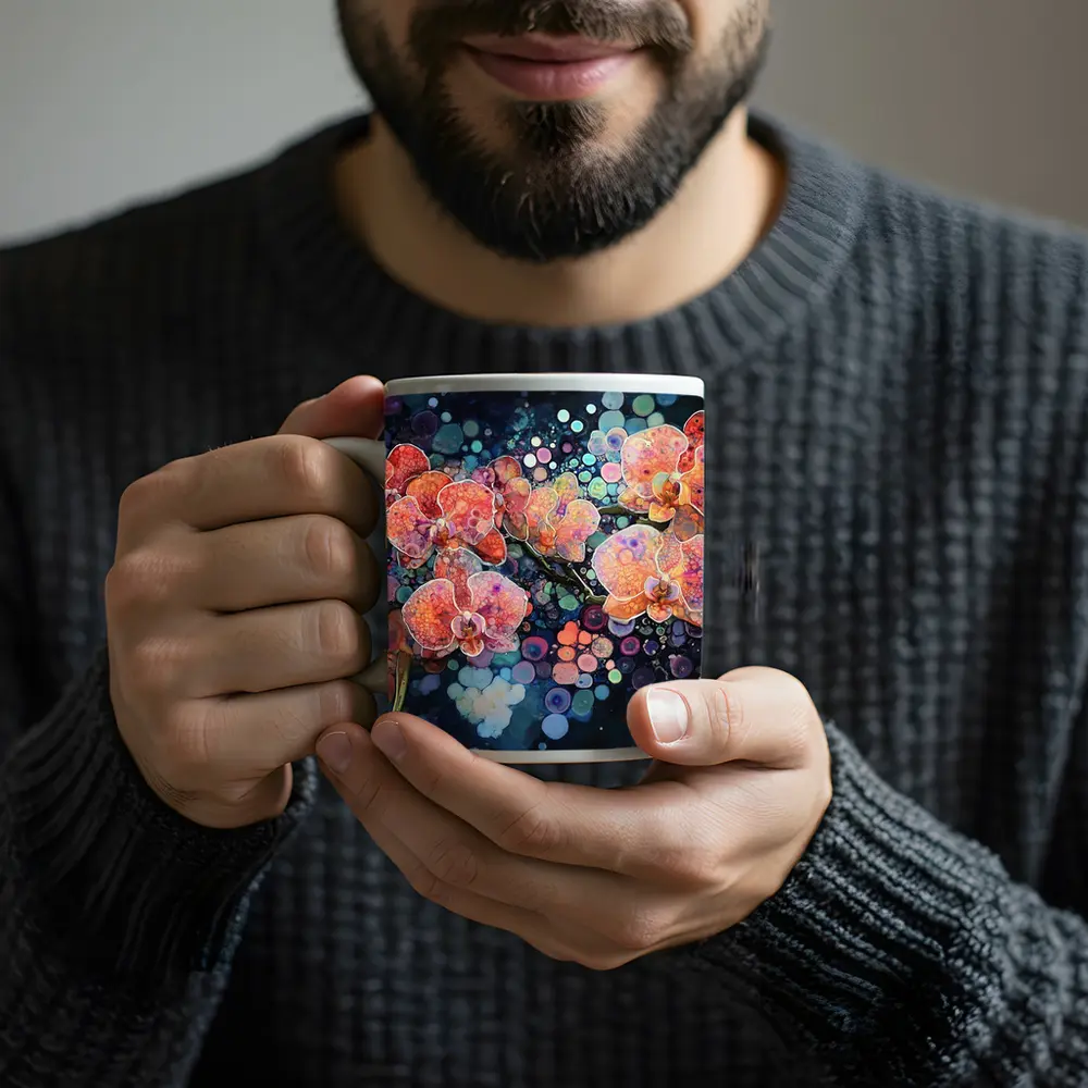 Pink Orchids Watercolor Bokeh Dark Background – Mugs