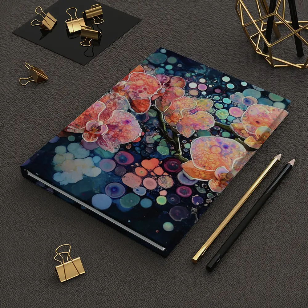 Pink Orchids Watercolor Bokeh Dark Background – Notebooks