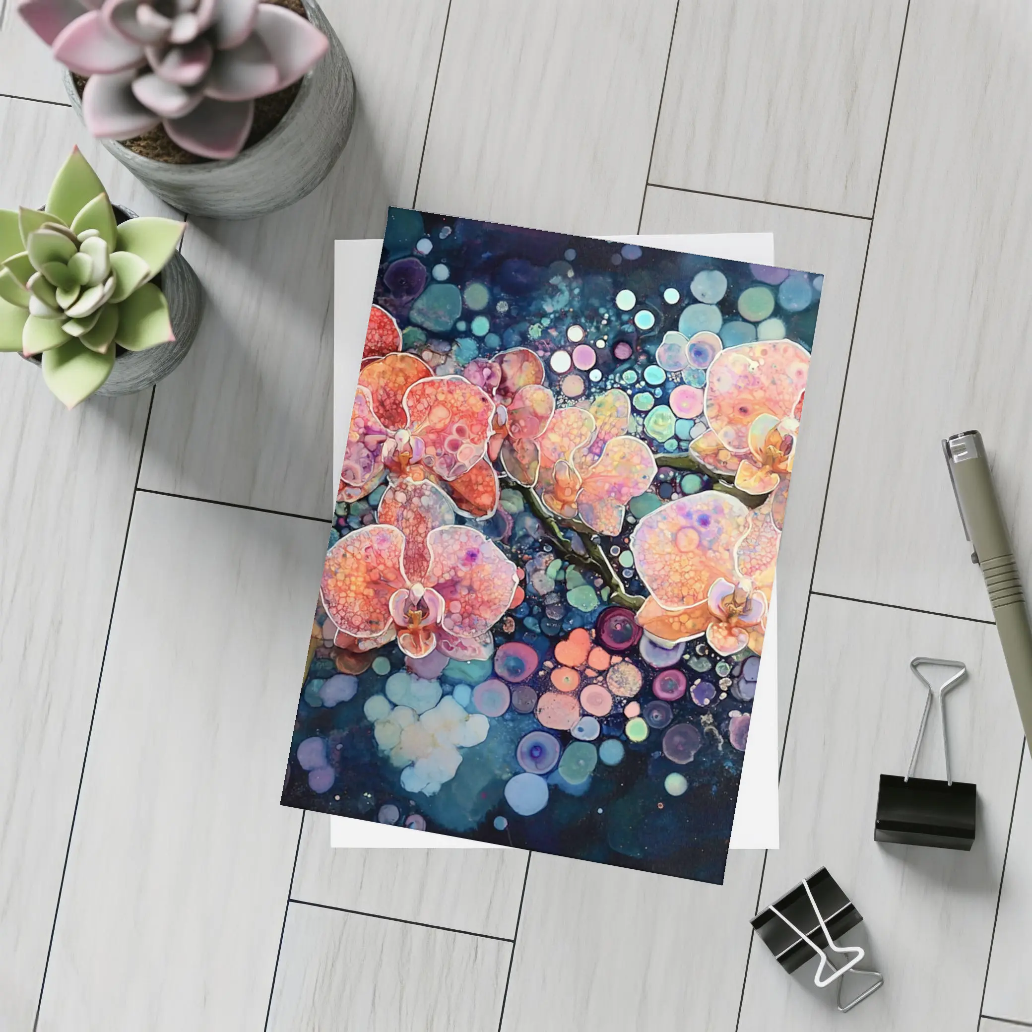 Pink Orchids Watercolor Bokeh Dark Background – Postcards