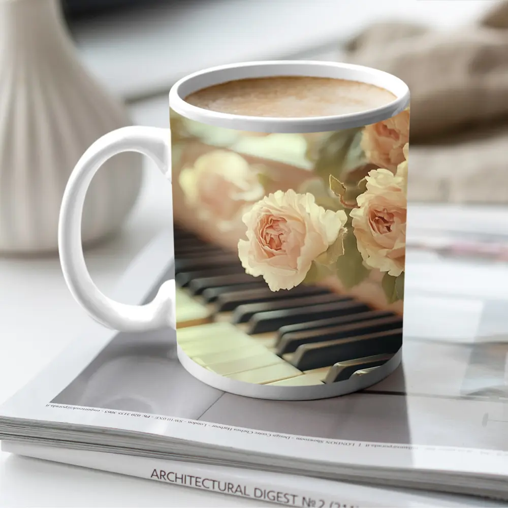 Pink Roses Resting On Piano Keys – Mugs