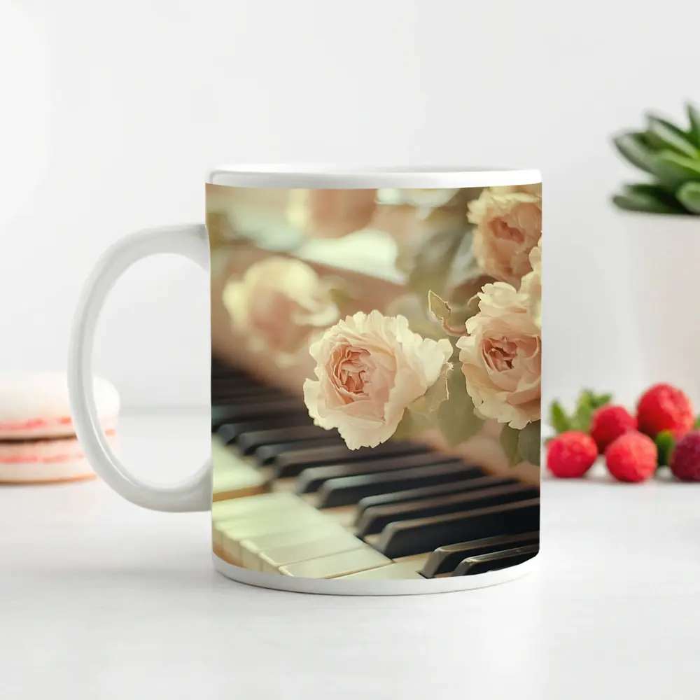 Pink Roses Resting On Piano Keys – Mugs