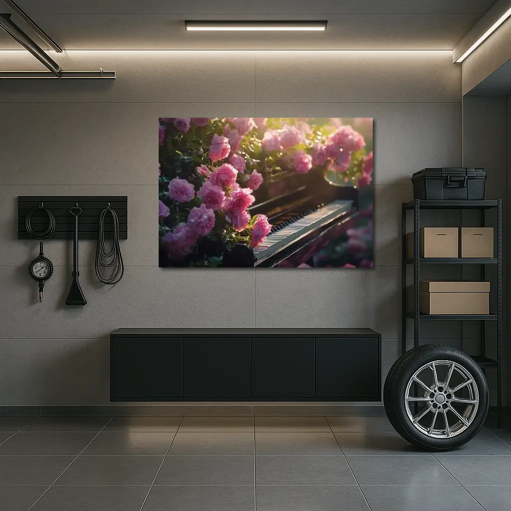 Pink Roses Blooming Around Grand Piano – Wall Art