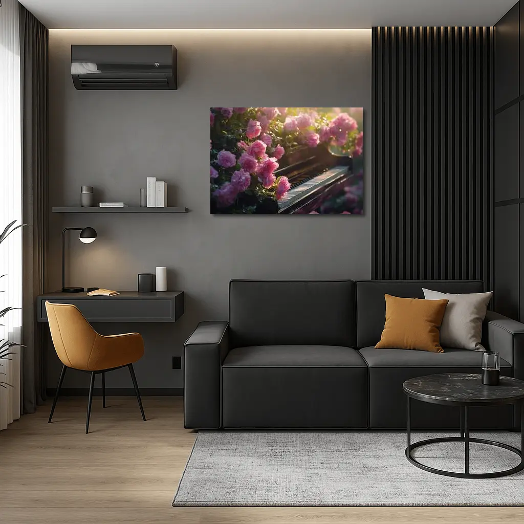 Pink Roses Blooming Around Grand Piano – Wall Art